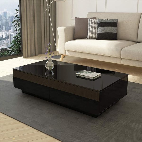 Couchtisch, Couchtisch mit Stauraum, schwarz glänzender Couchtisch für Wohnzimmer, rechteckiger Mitteltisch mit 4 Schubladen, Home-Office-Möbel, 95 x 60 x 31 cm (Schwarz)