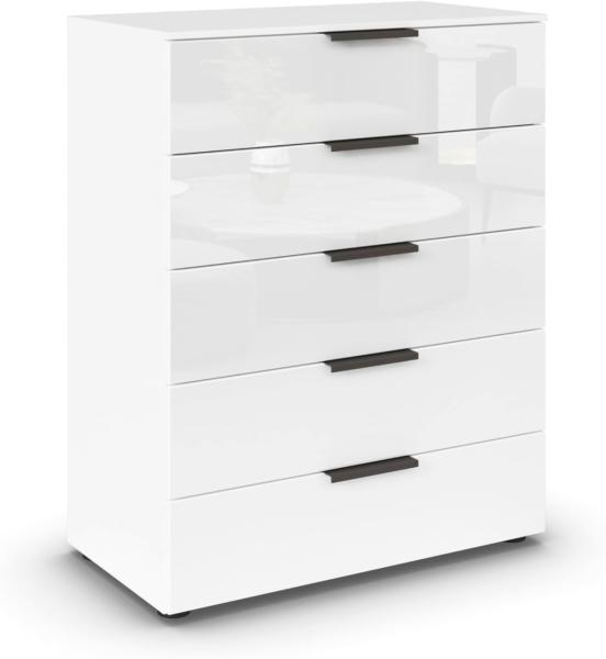 Rauch Möbel Flipp, Hochkommode mit viel Stauraum für Flur, Wohnzimmer, Schlafzimmer, Alpinweiß/Glasfront Weiß, 5 Schubkästen, Griffe graphit, 80 x 100 x 42 cm