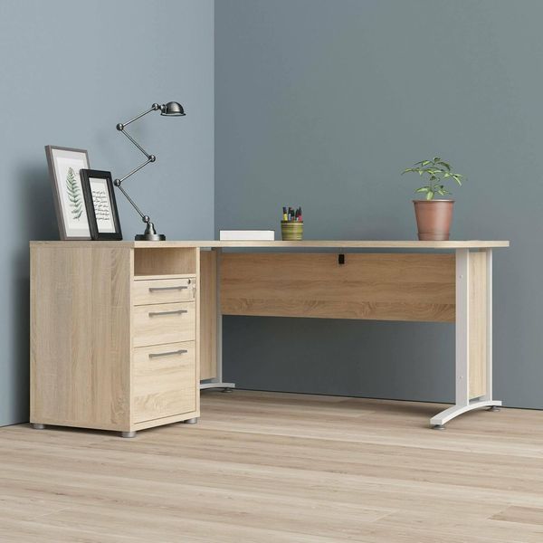 Dmora - Schreibtisch Aimee, Mehrzweckschreibtisch, Bürotisch für PC, Eckschreibtisch, 159x151 h75 cm, Eiche und Weiß