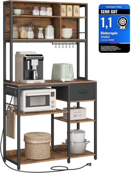 VASAGLE Küchenregal mit Steckdosen, Standregal, Mikrowellen-Regal, verstellbare Ablagen, Stoffschublade, 12 Haken, 40 x 100 x 180,4 cm, für Mikrowellen, Küche