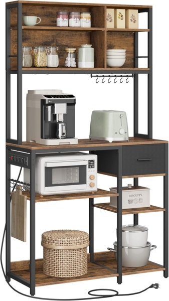 VASAGLE Küchenregal mit Steckdosen, Standregal, Mikrowellen-Regal, verstellbare Ablagen, Stoffschublade, 12 Haken, 40 x 100 x 180,4 cm, für Mikrowellen, Küche