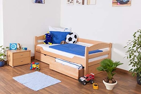Kinderbett/JugendbettEasy Premium Line K1/n/s inkl 2 Schubladen und 2 Abdeckblenden, 90x200 cm Buche Vollholz massiv Natur