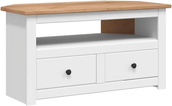 vidaXL Massivholz Panama-Kiefer TV Eckschrank 2 Schubladen 1 Fach Ecktisch Lowboard Fernsehschrank HiFi-Schrank Fernsehtisch Weiß 93 x 49 x 49 cm