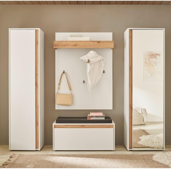 Lomadox Garderoben-Set CRISP-61, (Spar-Set, 4-St, Garderobenpaneel Schuhbank Garderobenschrank), in weiß mit Eiche Nb. modern, mit Sitzkissen