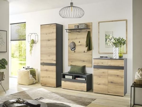 moebel-dich-auf Garderoben-Set TARENT, (Komplett-Set, Garderobenschrank + Paneel + Bank + Spiegel + Schuhkommode), in Anthrazit MDF / Evoke Oak MDF