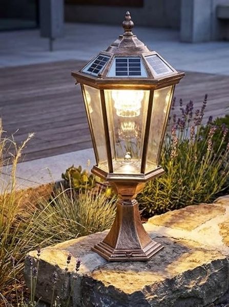 Arnusa LED Solarleuchte Sockelleuchte Außenleuchte Kupferoptik kabellos Akku Solar Laterne, Duo Color Farbeinstellung, LED fest integriert, warmweiß, kaltweiß, Duo Color Farbeinstellung helle Solarlampe
