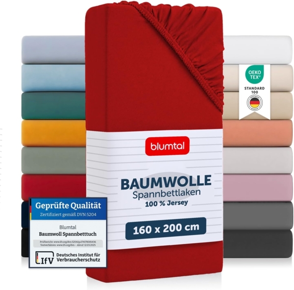 Blumtal® Basics Jersey Spannbettlaken 160x200 cm -Oeko-TEX Zertifiziert, 100% Baumwolle Bettlaken, bis 20cm Matratzenhöhe, Rot