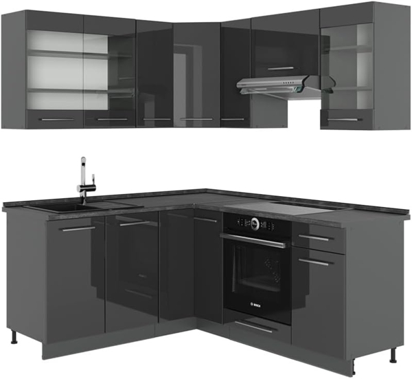 Eckküche Fame-Line Anthrazit Hochglanz 190 x 46 cm ohne Arbeitsplatte Vicco