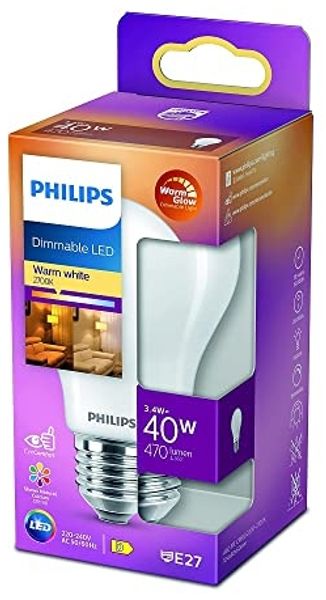 Philips LED Classic E27 WarmGlow Lampe, 40 W, Tropfenform, dimmbar, matt, warmweiß, Weiß