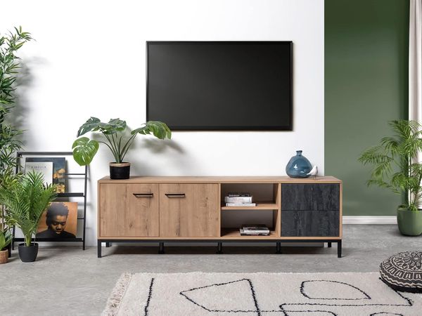 Muebles Pitarch | TV-Schrank mit Beinen, 2 Türen, Regal, 2 Schubladen, industrieller Fernsehschrank, Schwarz und Eiche Gold, 55 x 180 x 40 cm, Wohnzimmermodul, Modern, Modell Paris