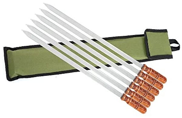 BEM Schaschlikspieße ADANA Premium Grillspieße mit Tasche (Edelstahl Grillspieße für Kebab Schaschlik und Fleisch, 6-St, 60 cm lang mit Holzgriffen und Aufbewahrungstasche), ideal für Adana Kebab Rumpsteak Schweinelende Lamm Schweinenacken
