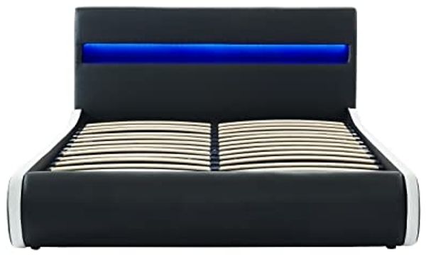 BAÏTA Lumina Bett Truhe mit LED, Kunstleder, Schwarz, 140x190 cm, inkl. Lattenrost