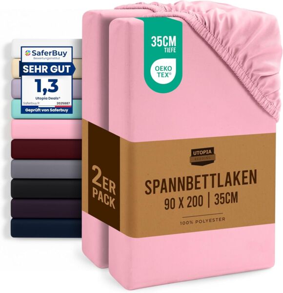 Utopia Bedding - 2er Set Spannbettlaken 90x200 cm - Rosa - Gebürstete Mikrofaser Spannbetttuch - 35 cm Tiefe Tasche