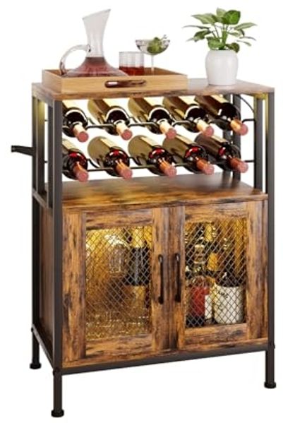 Yorbay Weinschrank Vintage mit LED Beleuchtung, Abnehmbares Weinregal für 10 Flaschen (6 Gläser Halter, Küchenschrank Sideboard 60 x 24 x 80 cm) Weinständer für Küche & Esszimmer