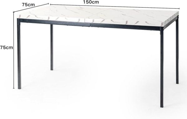 FurnitureR Esstisch 150cm Heller Luxus-Marmoreffekt-Küchentisch mit Hochleistungsmetallbeinen Moderner hölzerner rechteckiger Esstisch für 4-6 Person Esszimmer Restaurant Apartments, weißer Marmor Bild 3