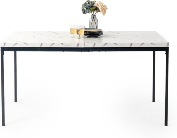 FurnitureR Esstisch 150cm Heller Luxus-Marmoreffekt-Küchentisch mit Hochleistungsmetallbeinen Moderner hölzerner rechteckiger Esstisch für 4-6 Person Esszimmer Restaurant Apartments, weißer Marmor Bild 1