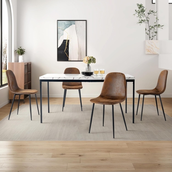 FurnitureR Esstisch 150cm Heller Luxus-Marmoreffekt-Küchentisch mit Hochleistungsmetallbeinen Moderner hölzerner rechteckiger Esstisch für 4-6 Person Esszimmer Restaurant Apartments, weißer Marmor Bild 2