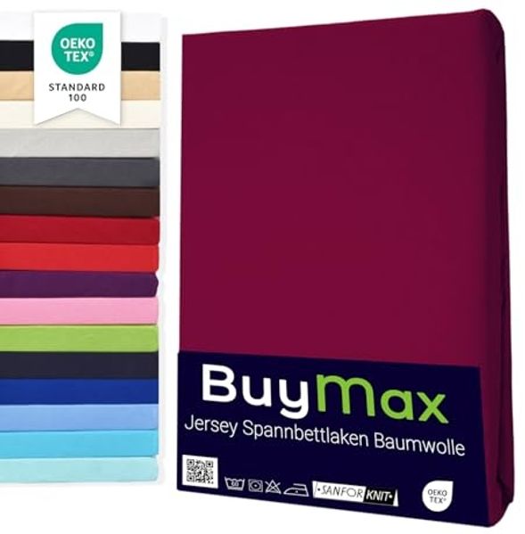 Buymax® Topper Spannbettlaken 140x200 cm Spannbetttuch 100% Baumwolle Jersey für Matratzentopper bis 12 cm Matratzenhöhe Bettlaken für Boxspringbett Topper, Bordeaux Rot