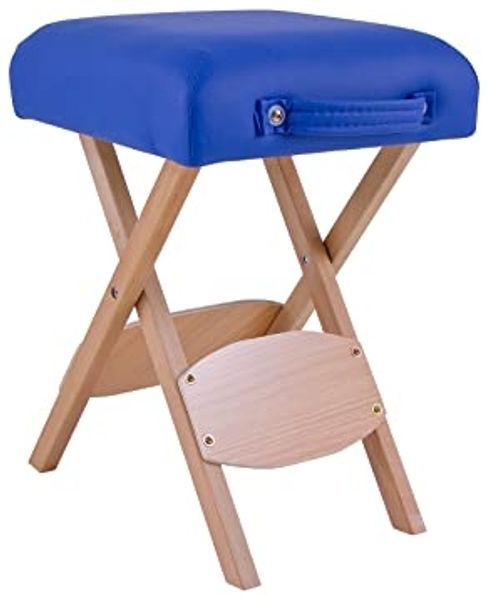 QUIRUMED Klapphocker aus Holz mit Sitz, blau gepolstert, vielseitig einsetzbar, Beistelltisch, Fußstütze, Kunstleder, transportabel, bis 100 kg, 33 x 33 x 48