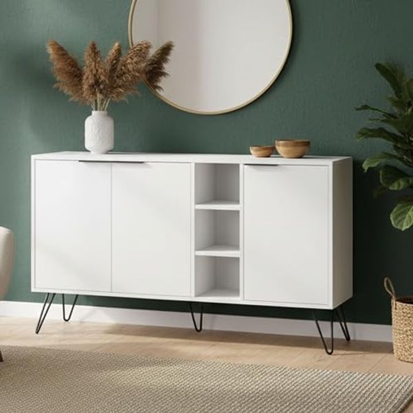 Dmora - Kommode Perseus, Wohnzimmerbuffet, Wohnzimmer-Sideboard, Moderne Küchen-Speisekammer, 142x36h83 cm, Weiß