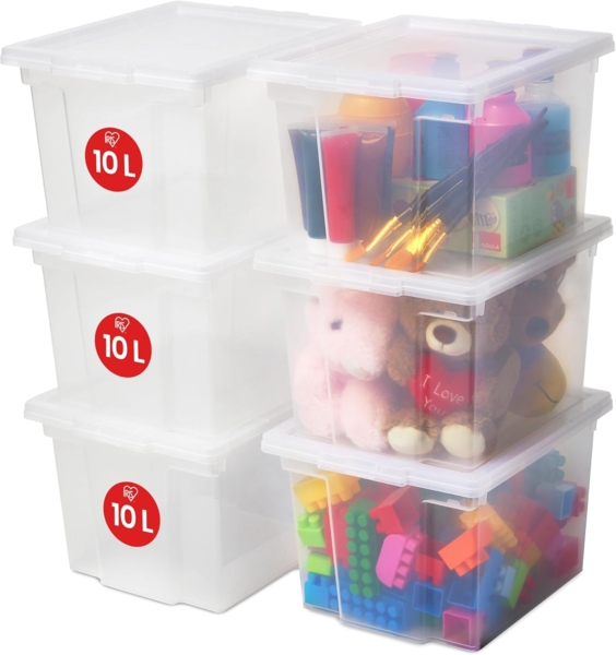 Iris Ohyama, 6er-Set, Aufbewahrungsboxen, 10 L, mit Deckel, stapelbar, Garage, Schlafzimmer, Wohnzimmer - Useful Storage Box USB-S - Transparent