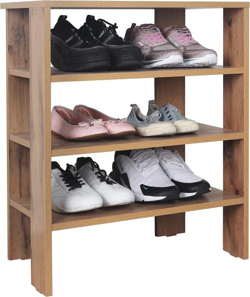 RICOO Schuhregal schmal und hoch 70 x 55 x 32 cm Standregal Pressholz Eiche Braun WM039-EW, Schuhständer mit 3 Ebenen, Schuhschrank offen, Schuhablagen Flur Shoe Rack, Schuhablage klein, Schuhregale