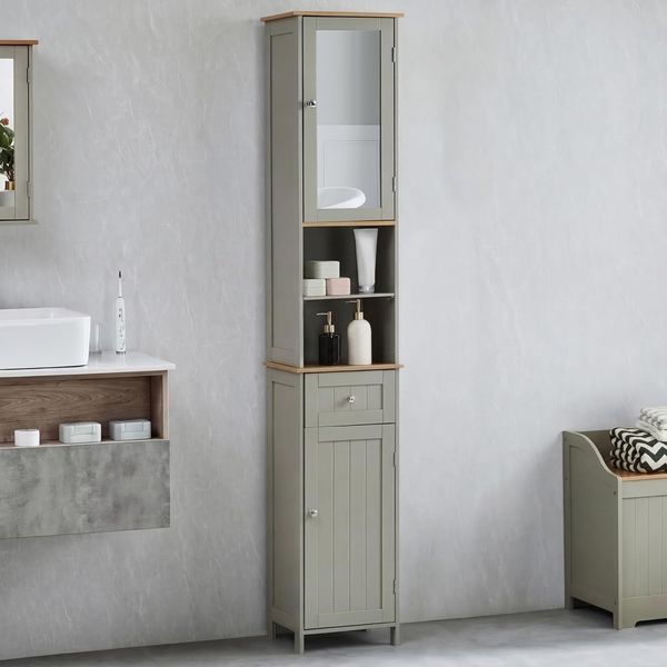 Bath Vida Priano Hoher Badezimmerschrank mit Spiegel, Aufbewahrungsschrank, bodenstehender Hochschrank, Grau