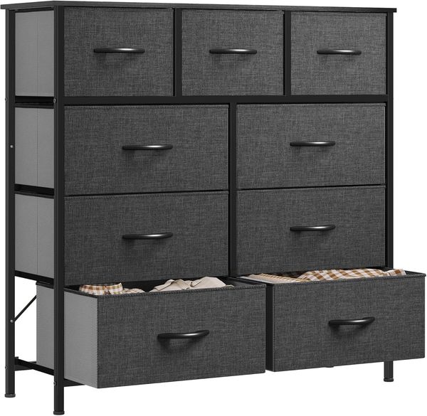 YITAHOME kommode mit Schubladen, Schrank mit 9 Schubladen aus Stoff, Aufbewahrungskommode Industrial Stil für Schlafzimmer, Wohnzimmer, Kinderzimmer, Flur, Aufbewahrungsschrank, Schwarzgrau