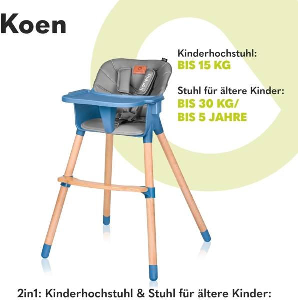 LIONELO Koen Kinder Hochstuhl 2in1 verstellbarer Stuhl, abnehmbares Tablett, rutschfest, 6 bis 36 Monate, 5-Punkt-Sicherheitsgurt, KinderHochstuhl, Babyhochsitz, Belastbarkeit bis 15 kg / 30 kg (Blau) Bild 2