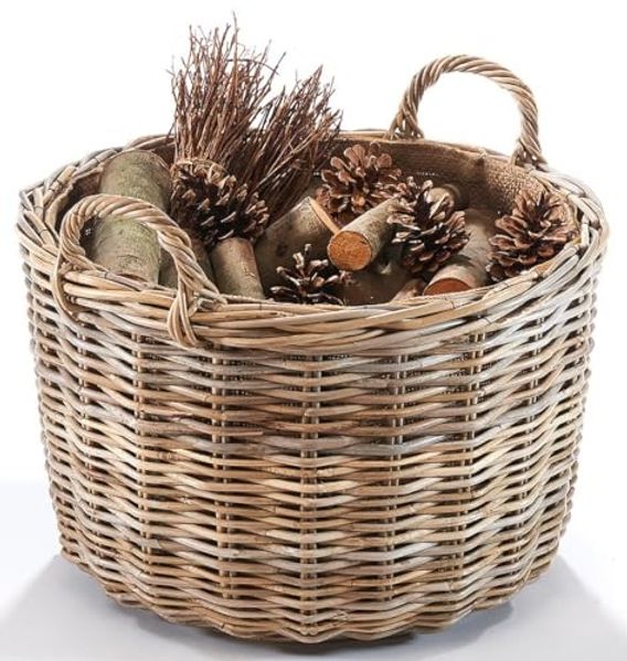 Kobolo Kaminholzkorb Holzkorb rund aus grauem Rattan mit Leinenstoff