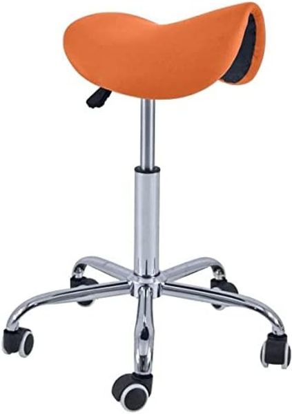 QUIRUMED Pony-Hocker mit 5 Rädern, Chromgestell, orange Farbe, Kunstlederpolsterung, höhenverstellbar, leicht, ergonomisches Design, drehbar, bis zu 150 kg