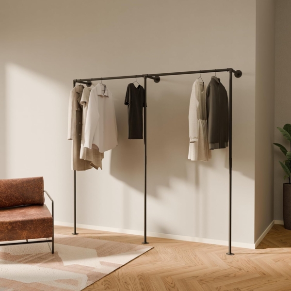 pamo. design Kleiderständer TIM Industrial Kleiderstange zur Wandmontage, Offener Kleiderschrank/Garderobe aus pulverbeschichteten Wasserrohren