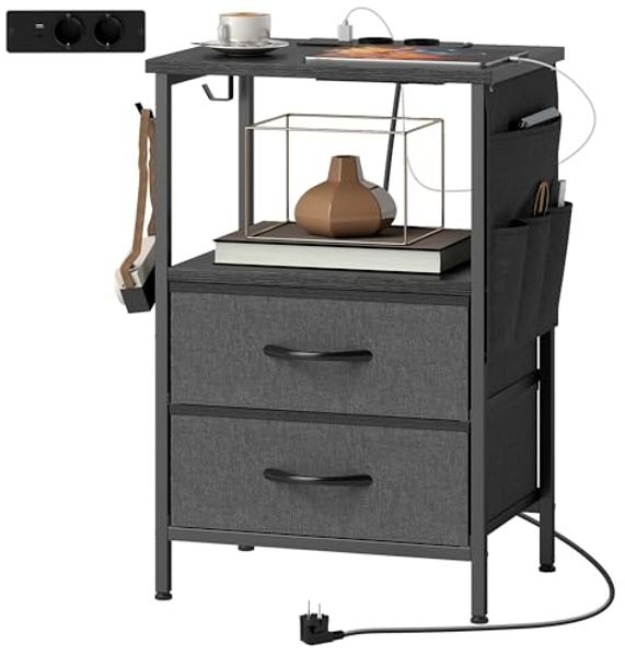 HOMCOM Couchtisch Beistelltisch mit Ladestation, Stahlrahmen, schlanker Wohnzimmertisch mit USB-C-Anschlüssen, 2 Stoffschubladen, Haken, Aufbewahrungstasche, Kaffeetisch für Wohnzimmer Schwarz