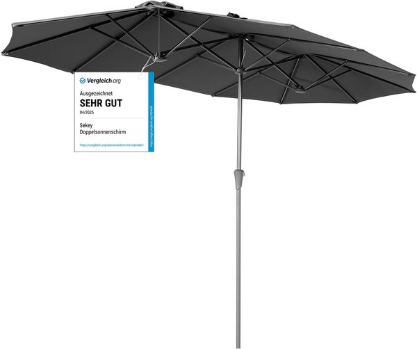 Sekey 220 × 400 cm Doppelsonnenschirm mit kurbel| Groß Sonnenschirm Marktschirm für Terrasse,Balkon & Garten, Windfest Stabil UPF 50+,Grau