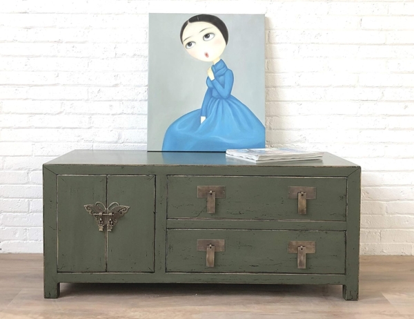 Vintage TV-Stand Olivgrau Kommode Sideboard Lowboard chinesisch asiatisch Kolonial-Stil Antik-Stil Schrank orientalisch Fernost shabby-chic Landhaus