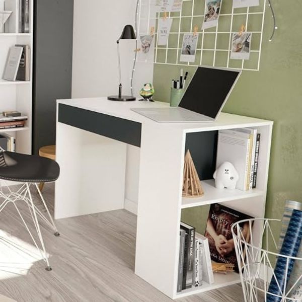 Dmora - Boise Schreibtisch, Wende-Multifunktionsschreibtisch mit Schublade, Arbeits- oder Bürotisch für PC, 101 x 50 x 73 cm, Weiß und Anthrazit