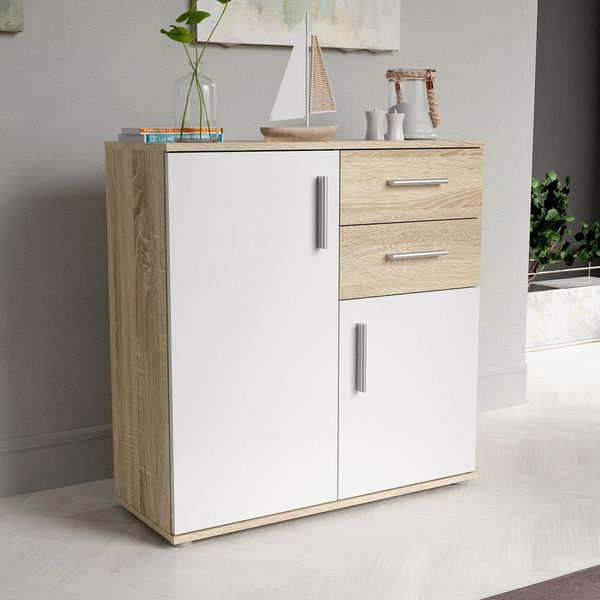 Forte IKOLI Kommode 80, Moderne Kommode, 2-türig, 2 Schubladen, Wohn-/Schlafzimmer, Flur, Holzwerkstoff, Weiß mit Sonoma Eiche Holzdekor, 79,9 cm breit x 81,7 cm hoch x 31,4 cm tief