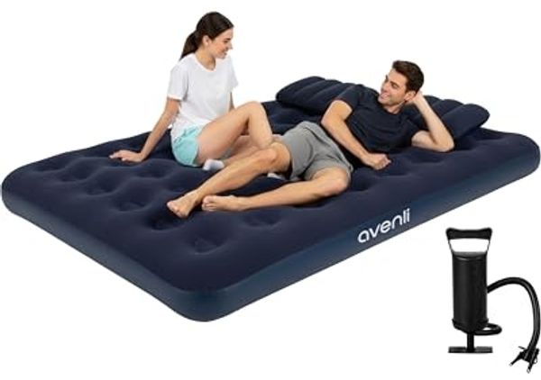 Avenli Luftmatratze Luftbett Camping für 2 Personen mit Pumpe & 2 Kissen 203x152x22cm, (aufblasbar Ideal als Reisebett oder Isomatte, Set mit Luftpumpe und Kissen), Indoor und Outdoor mit beflockter Oberfläche