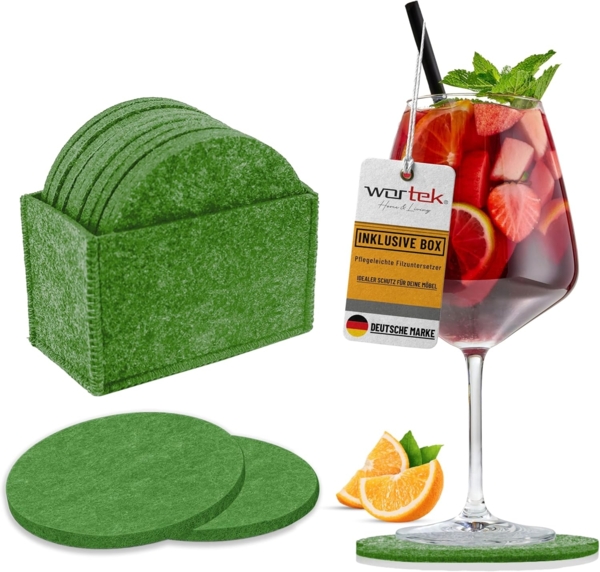 wortek Getränkeuntersetzer Filz-Untersetzer Rund für Gläser 10er Set + Box, Zubehör für Tisch & Gläser, Set, 10-tlg, waschbare Getränke Glasuntersetzer Gläser, Tischuntersetzer Filz 10 cm