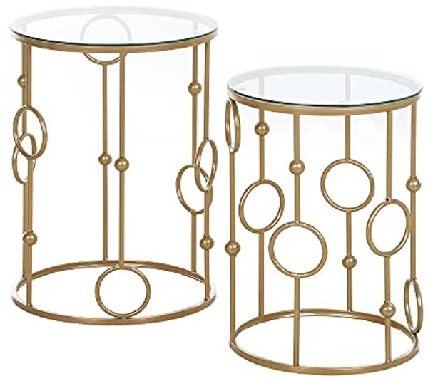 HOMCOM Couchtisch 2er-Set, mit Glasplatte, Reifen- und Kugeldesign (Sofatisch, 2-St, Beistelltisch für Wohnzimme, Balkon), für Wohnzimmer, Schlafzimmer, Flur, Ø41 x 57 cm, Gold