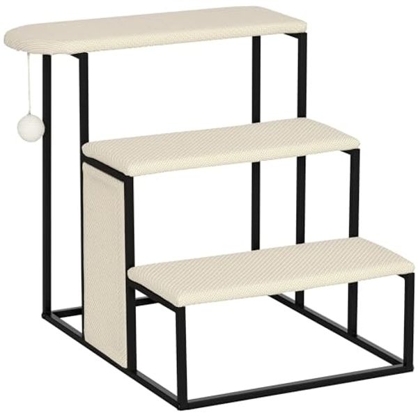 PawHut Haustiertreppe 3-stufige Katzentreppe Hundetreppe mit Kratzbrett und Spielball (Haustierleiter, 1-St, Tiertreppe), Cremeweiß+Schwarz 51 x 54 x 53 cm