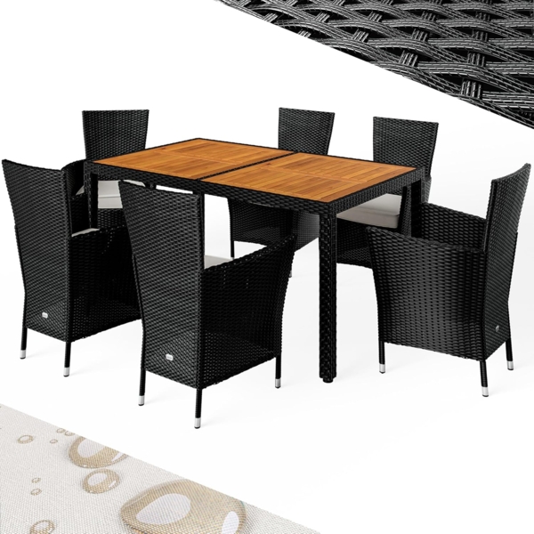 Casaria Garten-Essgruppe, (7-tlg), Gartenmöbel Set 6 Stühle mit 7cm Polster Tisch 150x90cm Akazie Schwarz