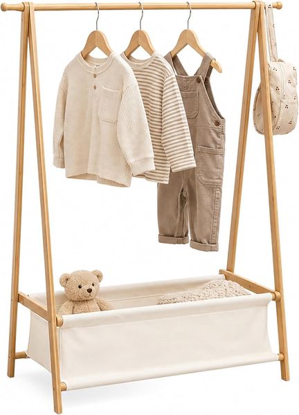 relaxdays Kleiderständer für Kinder mit Korb, Natur-Weiß