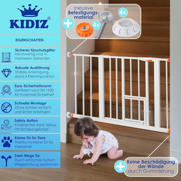KIDIZ® Türschutzgitter Absperrgitter Treppengitter Kindergitter | mit Türe für Hunde und Katzen, Haustier | ohne Bohren | erweiterbar | kombinierbar mit Y-Spindeln | schwenkbar, Größe: 88-101 cm Bild 2