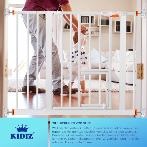 KIDIZ® Türschutzgitter Absperrgitter Treppengitter Kindergitter | mit Türe für Hunde und Katzen, Haustier | ohne Bohren | erweiterbar | kombinierbar mit Y-Spindeln | schwenkbar, Größe: 88-101 cm Bild 4