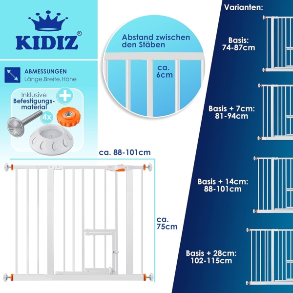 KIDIZ® Türschutzgitter Absperrgitter Treppengitter Kindergitter | mit Türe für Hunde und Katzen, Haustier | ohne Bohren | erweiterbar | kombinierbar mit Y-Spindeln | schwenkbar, Größe: 88-101 cm Bild 7