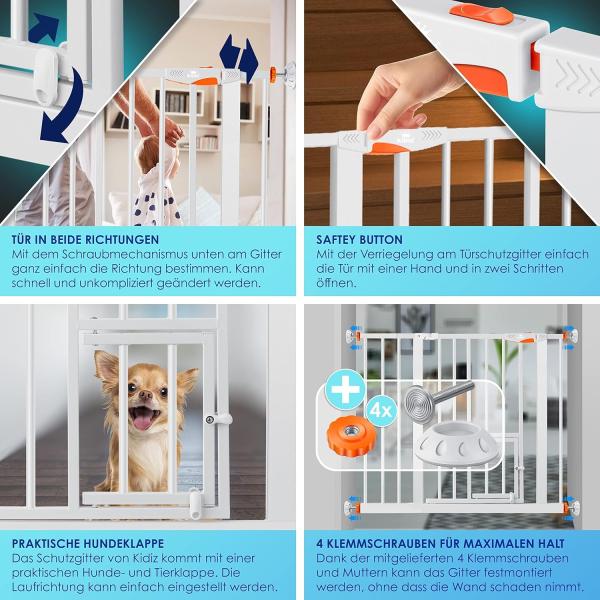 KIDIZ® Türschutzgitter Absperrgitter Treppengitter Kindergitter | mit Türe für Hunde und Katzen, Haustier | ohne Bohren | erweiterbar | kombinierbar mit Y-Spindeln | schwenkbar, Größe: 88-101 cm Bild 3