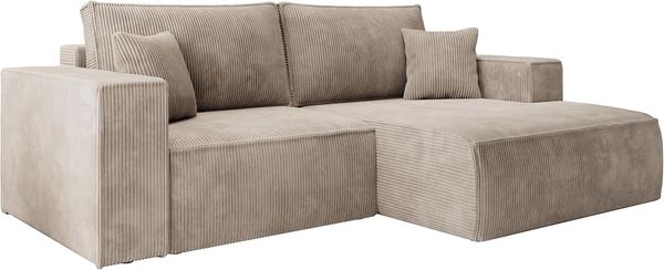 Selsey Ecksofa Beige Sofa Mit Schlaffunktion Rechtsseitiges Inkl. Bettkasten 240x167 cm Und Abnehmbare Rückenkissen Kleines Couch Sofa Modular Ottomane Kompakt Für Kleine Wohnräume Cord Bezug