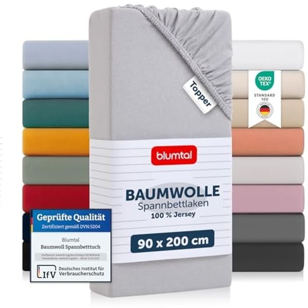 Blumtal® Baumwolle Spannbettlaken für Topper 90x200 cm - Basics Jersey Bettlaken - Oeko-TEX Zertifiziertes Spannbetttuch - Topper Spannbettlaken - Moonlight Grey - Grau