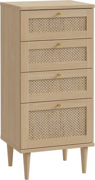 FORTE CALASETTA Kommode 50, Kommode im Boho Stil, Wiener Geflecht, Sideboard mit 4 Schubladen, Elegancia Eiche Holzdekor/Technorattan, 50 cm breit x 109 cm hoch x 41 cm tief